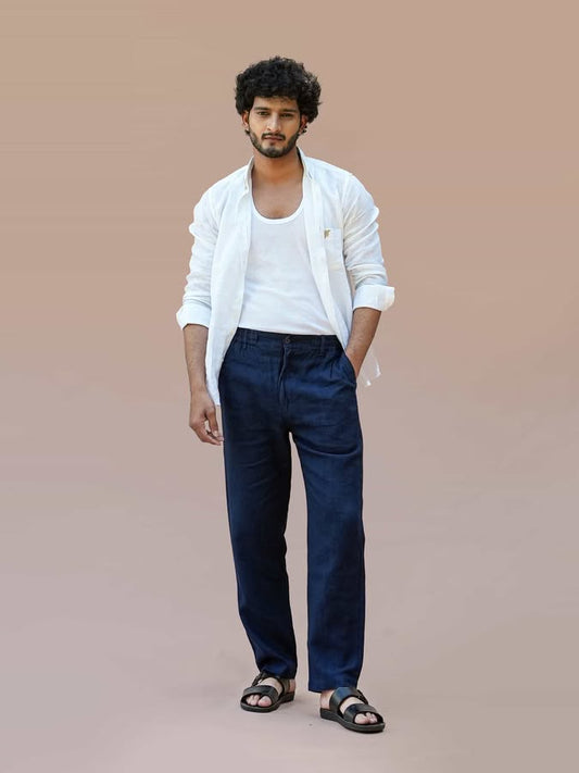 Linen Straight Fit Deep Ocean Pant
