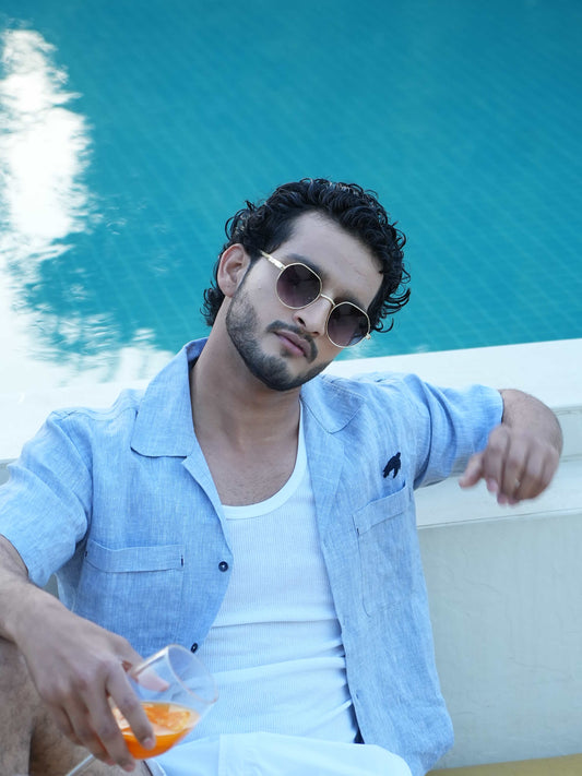 Linen Regular Fit Chambray Blue Half Shirt