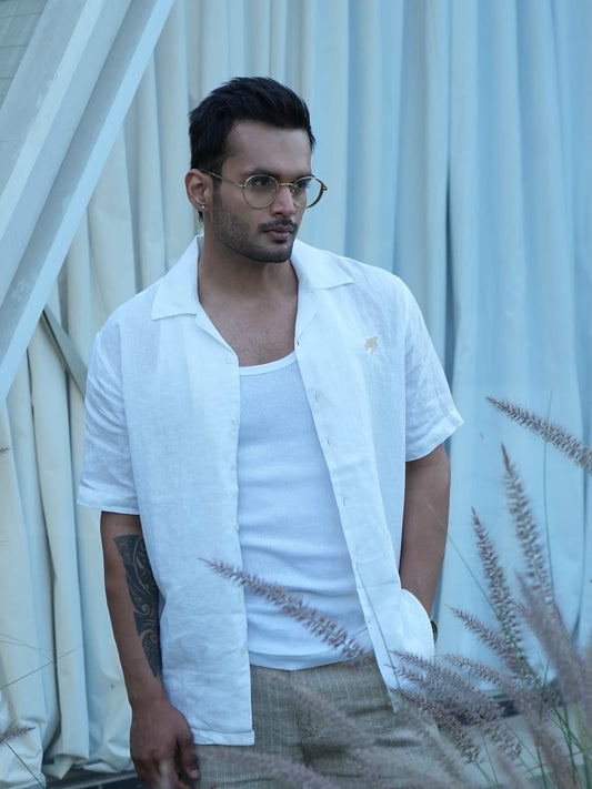 Linen Regular Fit Pearl White Half Shirt