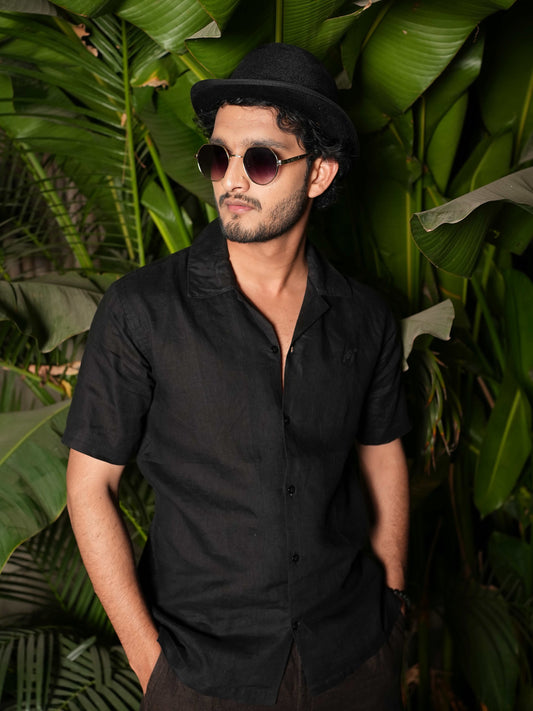 Linen Regular Fit Onyx Black Half Shirt