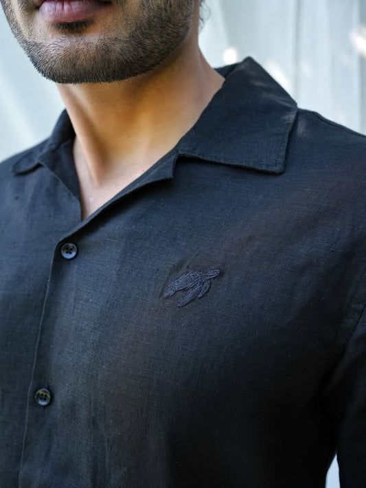 Linen Regular Fit Onyx Black Half Shirt