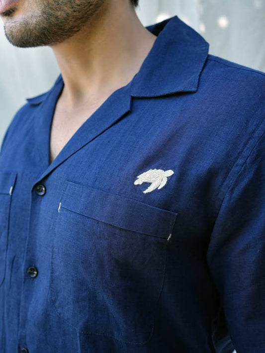 Linen Regular Fit Deep Blue Half Shirt