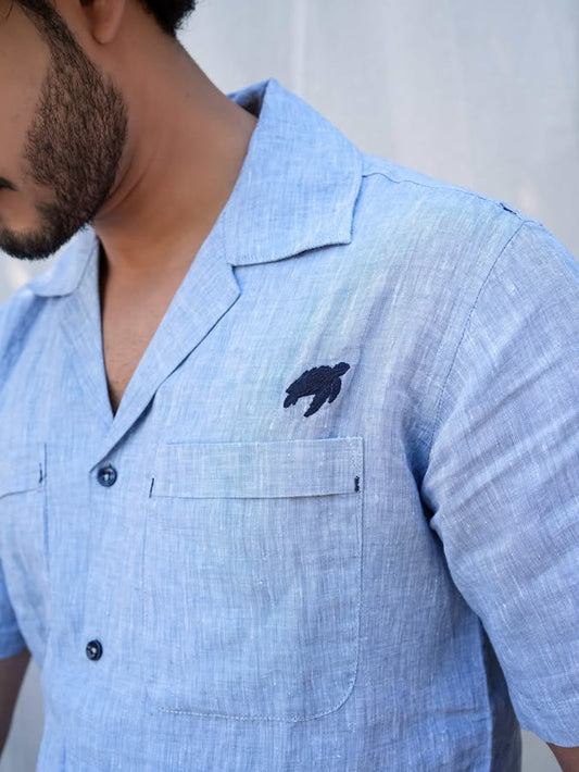 Linen Regular Fit Chambray Blue Half Shirt