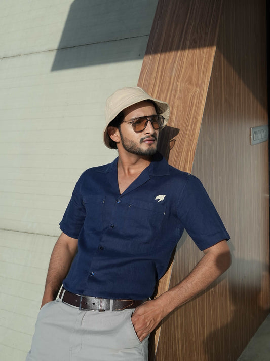 Linen Regular Fit Deep Blue Half Shirt